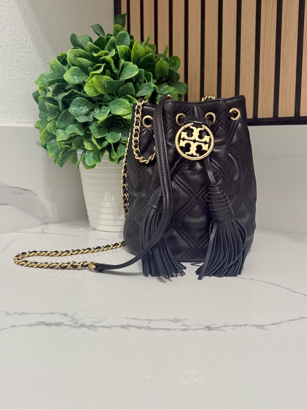 Mini Tory Burch Black Quilted Leather Tassel Bucket Bag